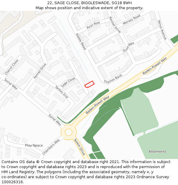 22, SAGE CLOSE, BIGGLESWADE, SG18 8WH: Location map and indicative extent of plot