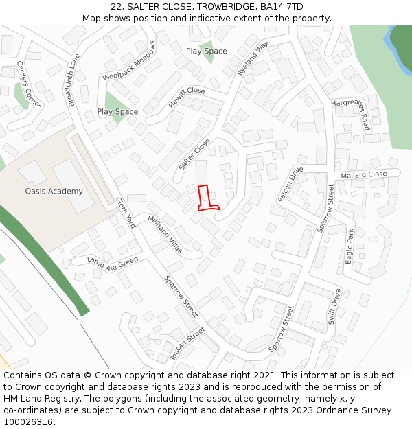 22, SALTER CLOSE, TROWBRIDGE, BA14 7TD: Location map and indicative extent of plot