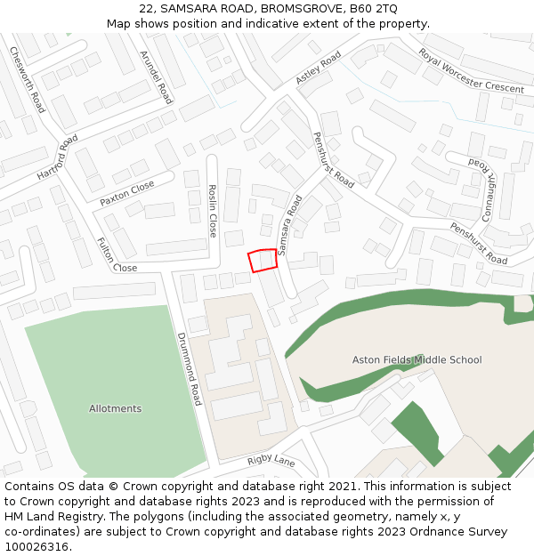 22, SAMSARA ROAD, BROMSGROVE, B60 2TQ: Location map and indicative extent of plot