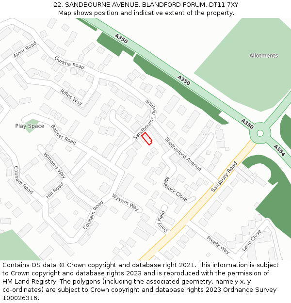 22, SANDBOURNE AVENUE, BLANDFORD FORUM, DT11 7XY: Location map and indicative extent of plot