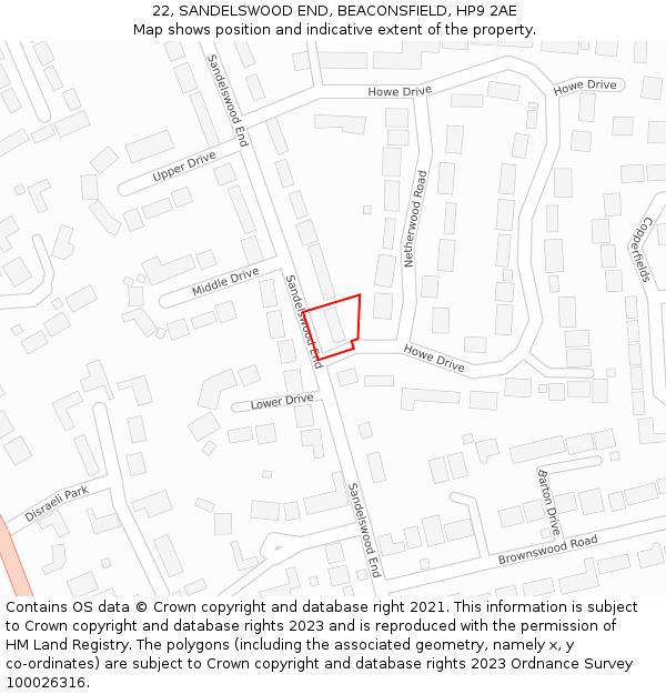 22, SANDELSWOOD END, BEACONSFIELD, HP9 2AE: Location map and indicative extent of plot