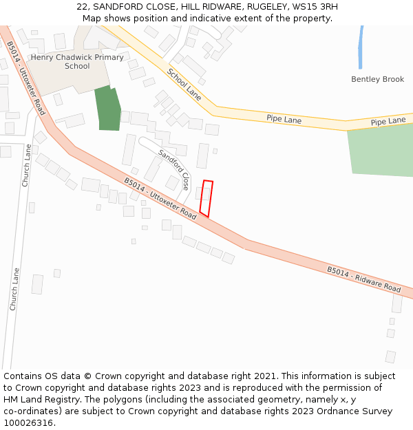 22, SANDFORD CLOSE, HILL RIDWARE, RUGELEY, WS15 3RH: Location map and indicative extent of plot