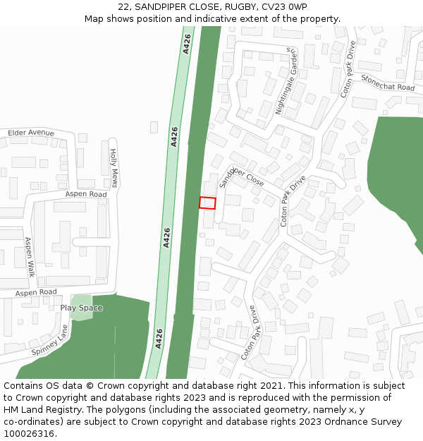 22, SANDPIPER CLOSE, RUGBY, CV23 0WP: Location map and indicative extent of plot