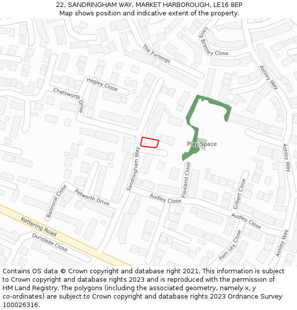 22, SANDRINGHAM WAY, MARKET HARBOROUGH, LE16 8EP: Location map and indicative extent of plot