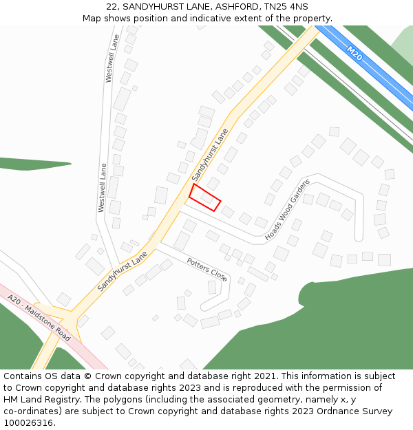 22, SANDYHURST LANE, ASHFORD, TN25 4NS: Location map and indicative extent of plot