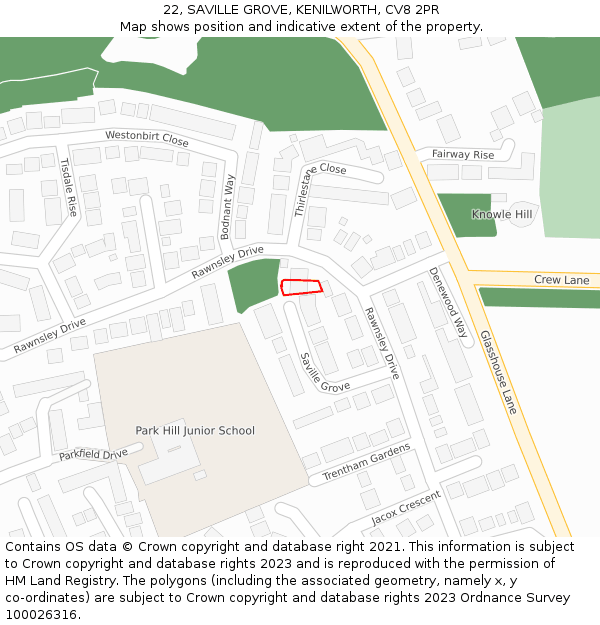 22, SAVILLE GROVE, KENILWORTH, CV8 2PR: Location map and indicative extent of plot