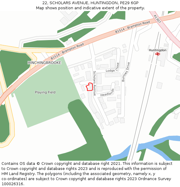 22, SCHOLARS AVENUE, HUNTINGDON, PE29 6GP: Location map and indicative extent of plot