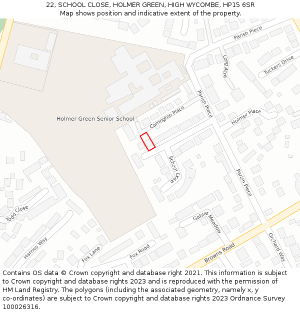 22, SCHOOL CLOSE, HOLMER GREEN, HIGH WYCOMBE, HP15 6SR: Location map and indicative extent of plot