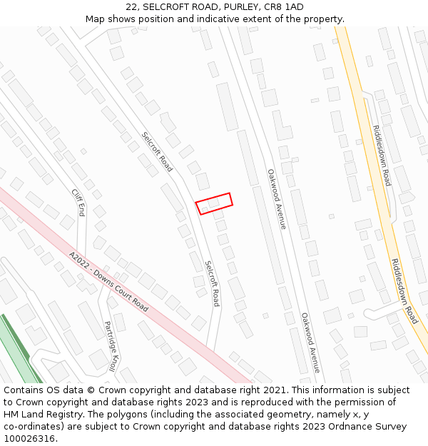 22, SELCROFT ROAD, PURLEY, CR8 1AD: Location map and indicative extent of plot