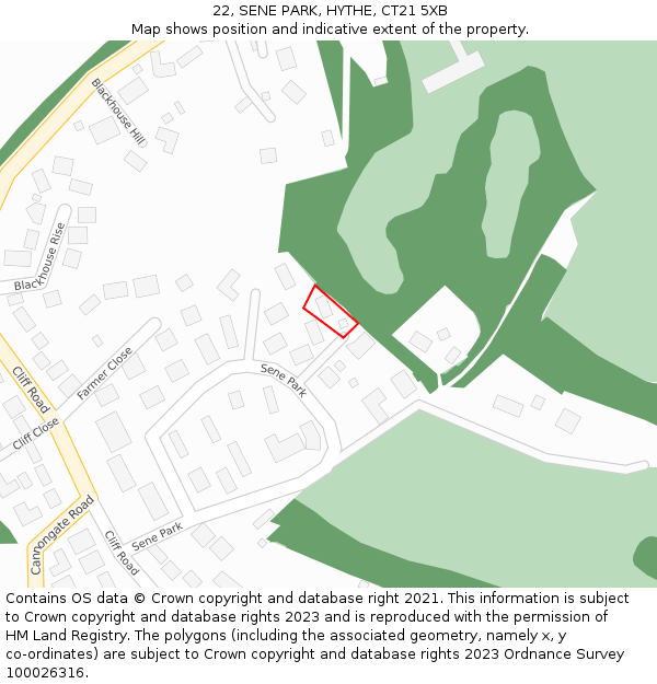 22, SENE PARK, HYTHE, CT21 5XB: Location map and indicative extent of plot