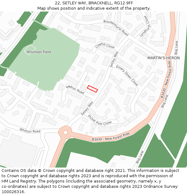 22, SETLEY WAY, BRACKNELL, RG12 9FF: Location map and indicative extent of plot