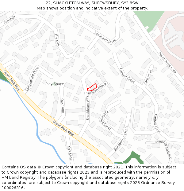 22, SHACKLETON WAY, SHREWSBURY, SY3 8SW: Location map and indicative extent of plot