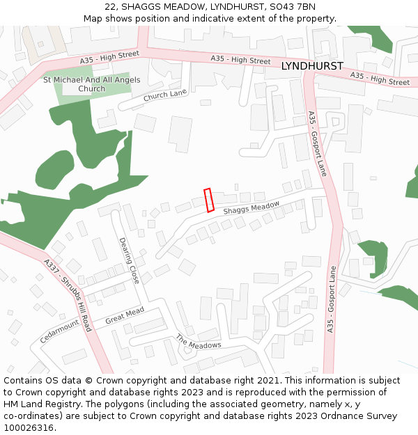 22, SHAGGS MEADOW, LYNDHURST, SO43 7BN: Location map and indicative extent of plot