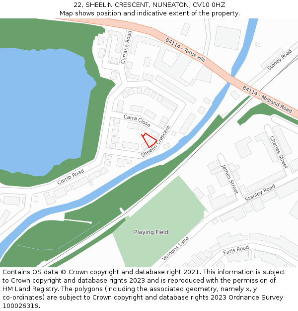 22, SHEELIN CRESCENT, NUNEATON, CV10 0HZ: Location map and indicative extent of plot