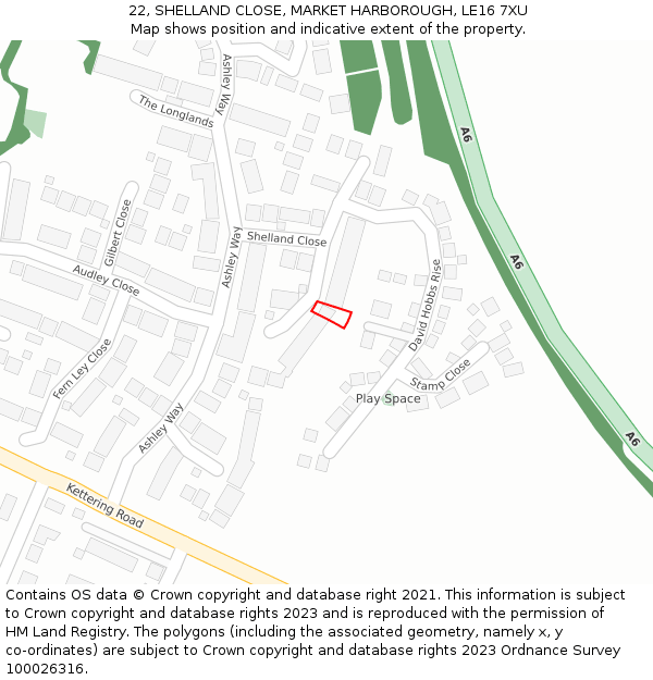 22, SHELLAND CLOSE, MARKET HARBOROUGH, LE16 7XU: Location map and indicative extent of plot