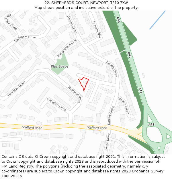 22, SHEPHERDS COURT, NEWPORT, TF10 7XW: Location map and indicative extent of plot