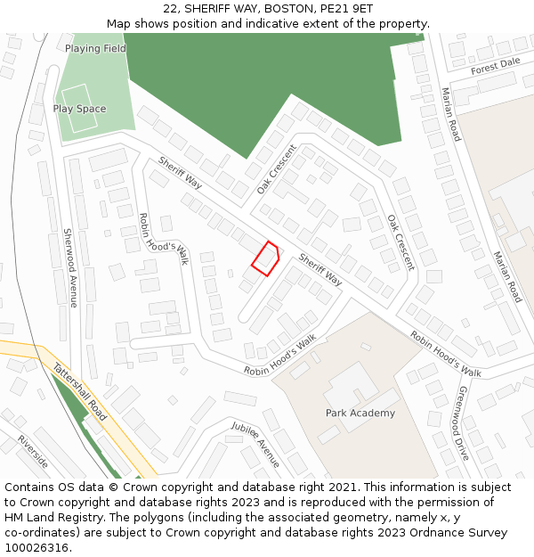 22, SHERIFF WAY, BOSTON, PE21 9ET: Location map and indicative extent of plot