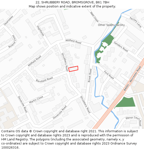 22, SHRUBBERY ROAD, BROMSGROVE, B61 7BH: Location map and indicative extent of plot