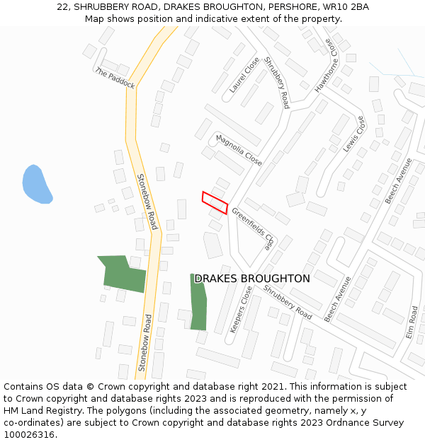 22, SHRUBBERY ROAD, DRAKES BROUGHTON, PERSHORE, WR10 2BA: Location map and indicative extent of plot