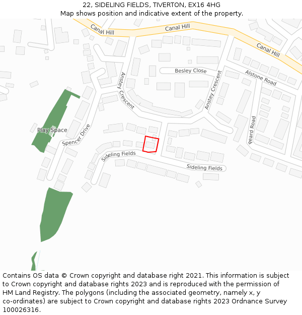 22, SIDELING FIELDS, TIVERTON, EX16 4HG: Location map and indicative extent of plot