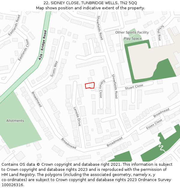 22, SIDNEY CLOSE, TUNBRIDGE WELLS, TN2 5QQ: Location map and indicative extent of plot