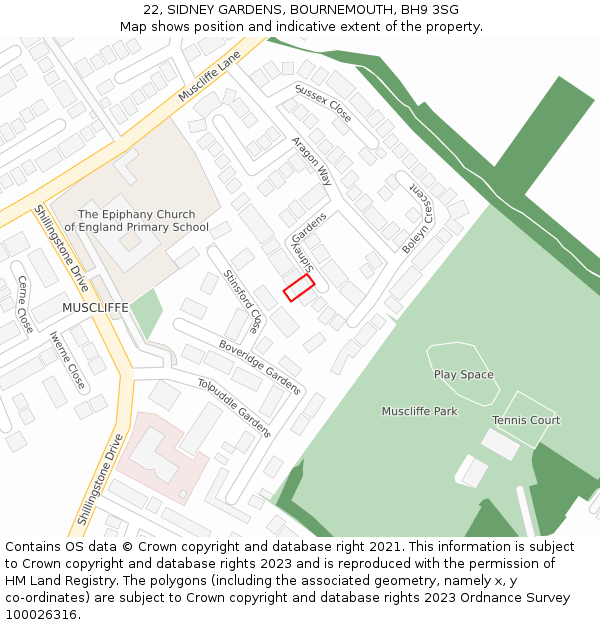 22, SIDNEY GARDENS, BOURNEMOUTH, BH9 3SG: Location map and indicative extent of plot