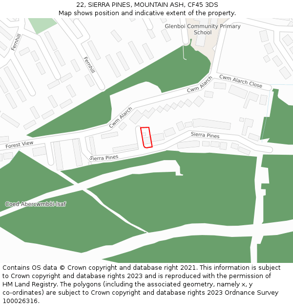 22, SIERRA PINES, MOUNTAIN ASH, CF45 3DS: Location map and indicative extent of plot