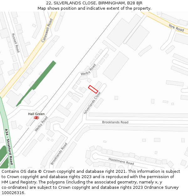 22, SILVERLANDS CLOSE, BIRMINGHAM, B28 8JR: Location map and indicative extent of plot