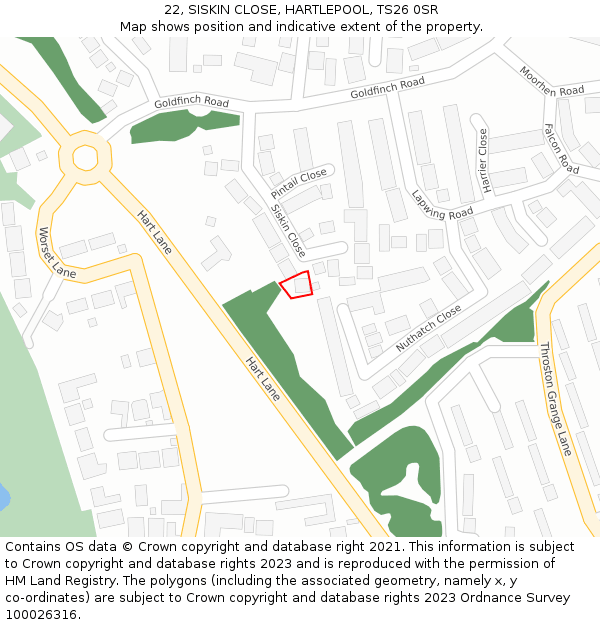 22, SISKIN CLOSE, HARTLEPOOL, TS26 0SR: Location map and indicative extent of plot