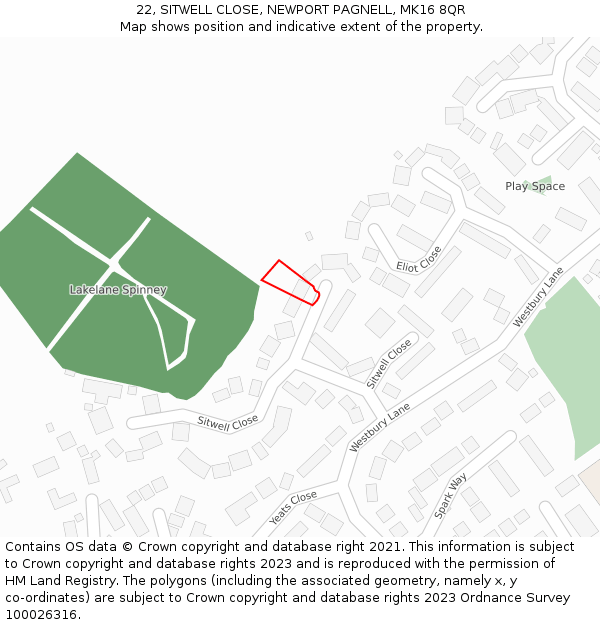 22, SITWELL CLOSE, NEWPORT PAGNELL, MK16 8QR: Location map and indicative extent of plot