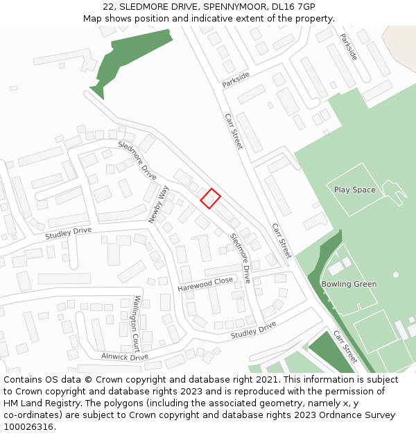 22, SLEDMORE DRIVE, SPENNYMOOR, DL16 7GP: Location map and indicative extent of plot