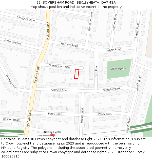 22, SOMERSHAM ROAD, BEXLEYHEATH, DA7 4SA: Location map and indicative extent of plot