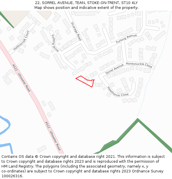 22, SORREL AVENUE, TEAN, STOKE-ON-TRENT, ST10 4LY: Location map and indicative extent of plot