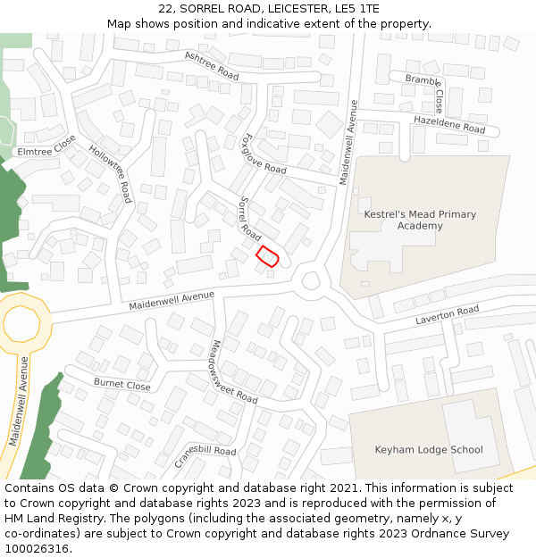 22, SORREL ROAD, LEICESTER, LE5 1TE: Location map and indicative extent of plot