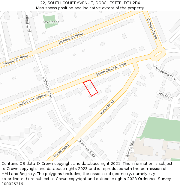 22, SOUTH COURT AVENUE, DORCHESTER, DT1 2BX: Location map and indicative extent of plot
