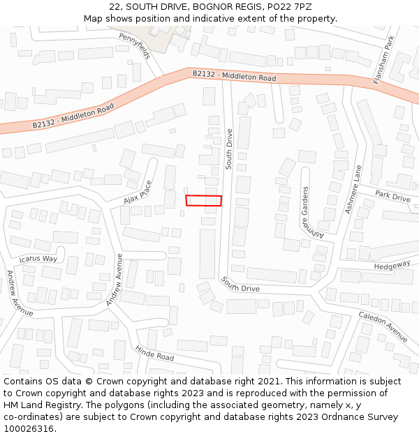 22, SOUTH DRIVE, BOGNOR REGIS, PO22 7PZ: Location map and indicative extent of plot