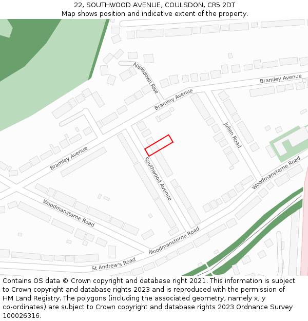 22, SOUTHWOOD AVENUE, COULSDON, CR5 2DT: Location map and indicative extent of plot