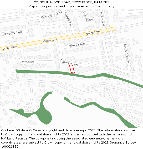 22, SOUTHWOOD ROAD, TROWBRIDGE, BA14 7BZ: Location map and indicative extent of plot