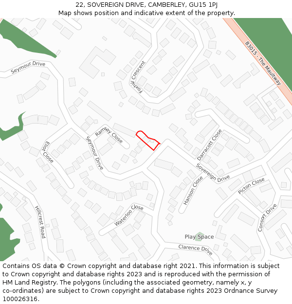 22, SOVEREIGN DRIVE, CAMBERLEY, GU15 1PJ: Location map and indicative extent of plot