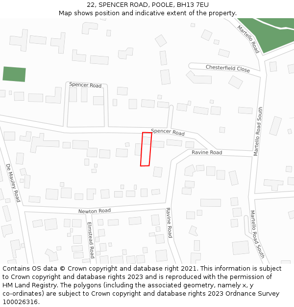 22, SPENCER ROAD, POOLE, BH13 7EU: Location map and indicative extent of plot