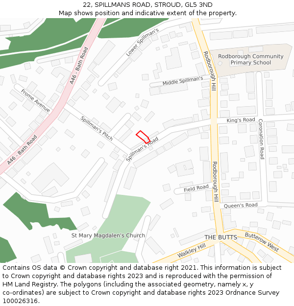 22, SPILLMANS ROAD, STROUD, GL5 3ND: Location map and indicative extent of plot