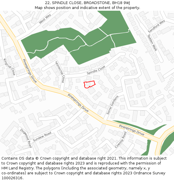 22, SPINDLE CLOSE, BROADSTONE, BH18 9WJ: Location map and indicative extent of plot