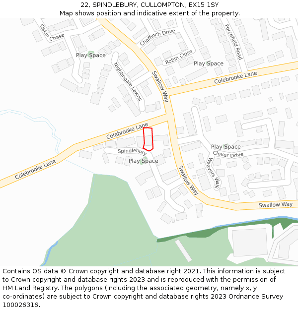 22, SPINDLEBURY, CULLOMPTON, EX15 1SY: Location map and indicative extent of plot