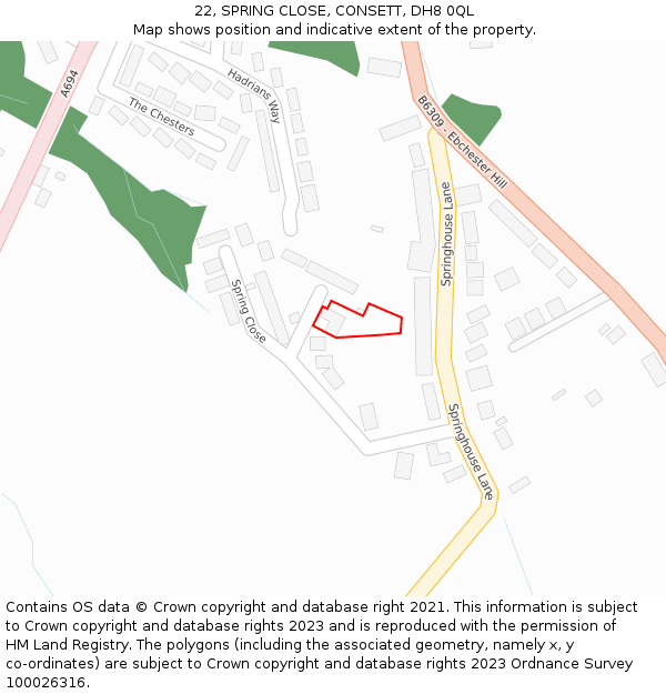 22, SPRING CLOSE, CONSETT, DH8 0QL: Location map and indicative extent of plot