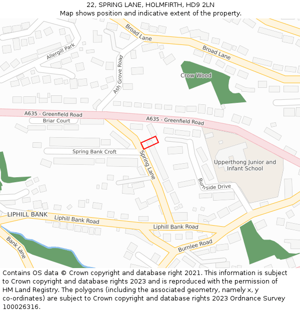 22, SPRING LANE, HOLMFIRTH, HD9 2LN: Location map and indicative extent of plot