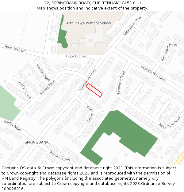 22, SPRINGBANK ROAD, CHELTENHAM, GL51 0LU: Location map and indicative extent of plot
