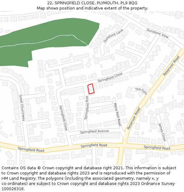 22, SPRINGFIELD CLOSE, PLYMOUTH, PL9 8QG: Location map and indicative extent of plot