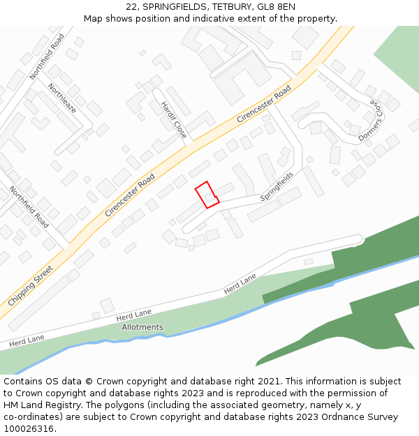 22, SPRINGFIELDS, TETBURY, GL8 8EN: Location map and indicative extent of plot