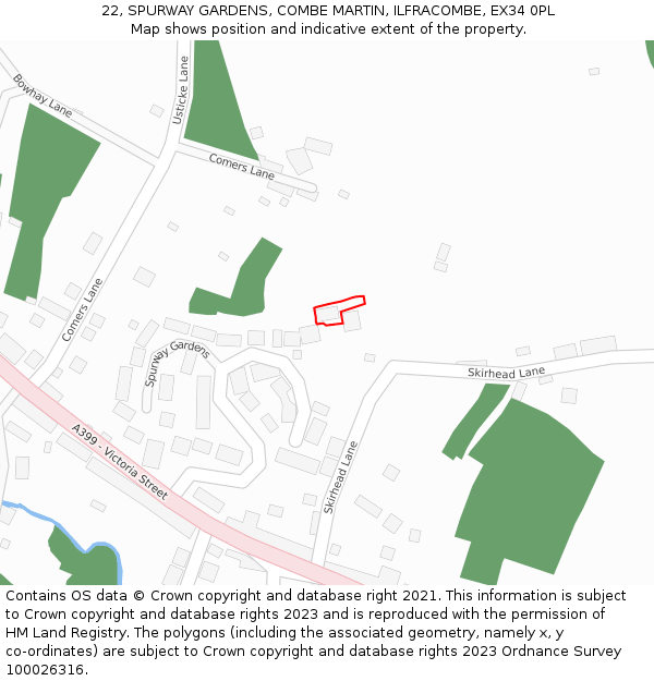 22, SPURWAY GARDENS, COMBE MARTIN, ILFRACOMBE, EX34 0PL: Location map and indicative extent of plot