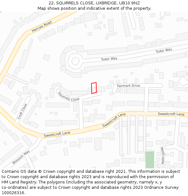 22, SQUIRRELS CLOSE, UXBRIDGE, UB10 9NZ: Location map and indicative extent of plot